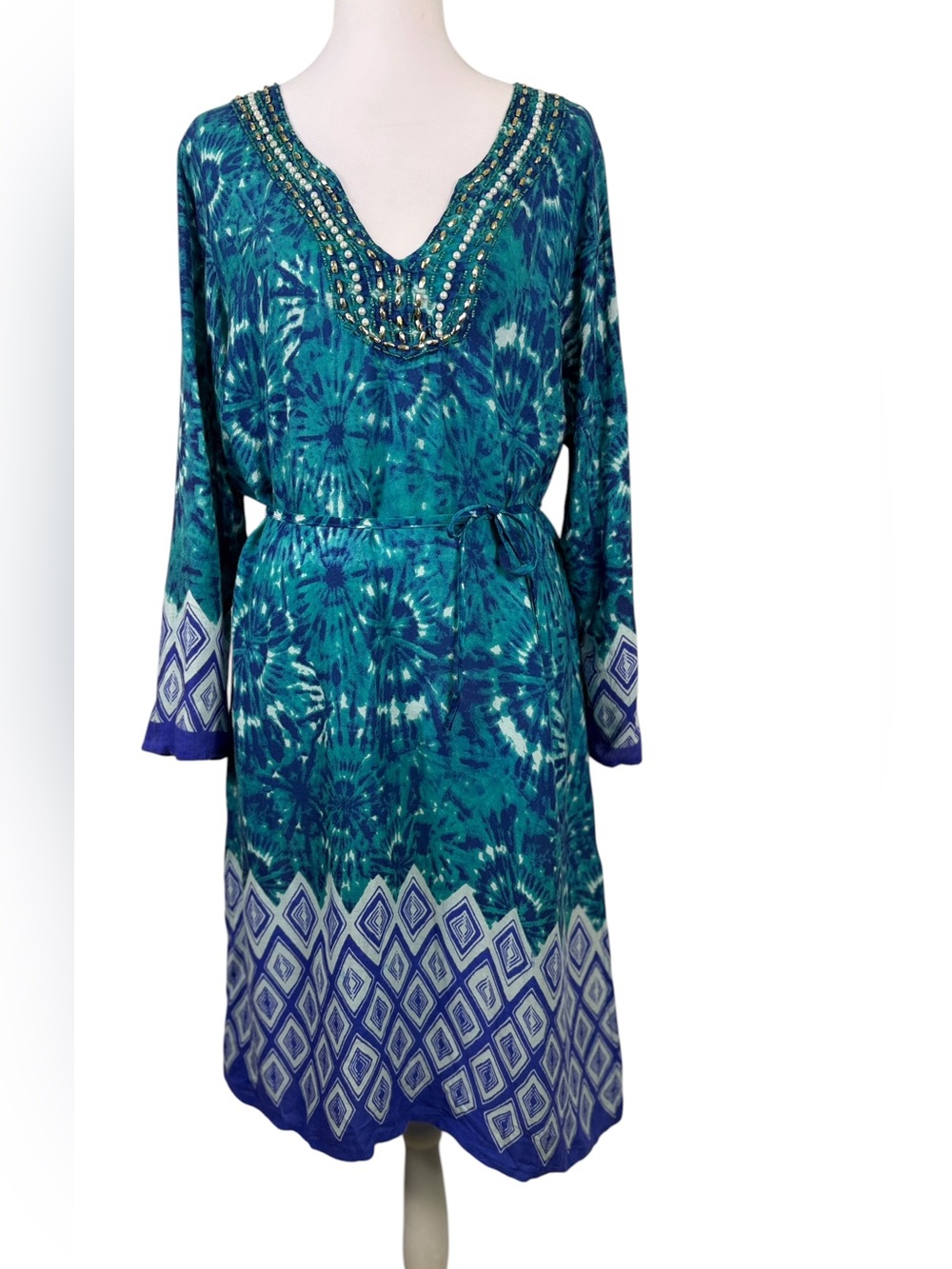 Ace Fashion Teal & Blue Patterned With  Beaded neckline Midi Dress Size L Boho